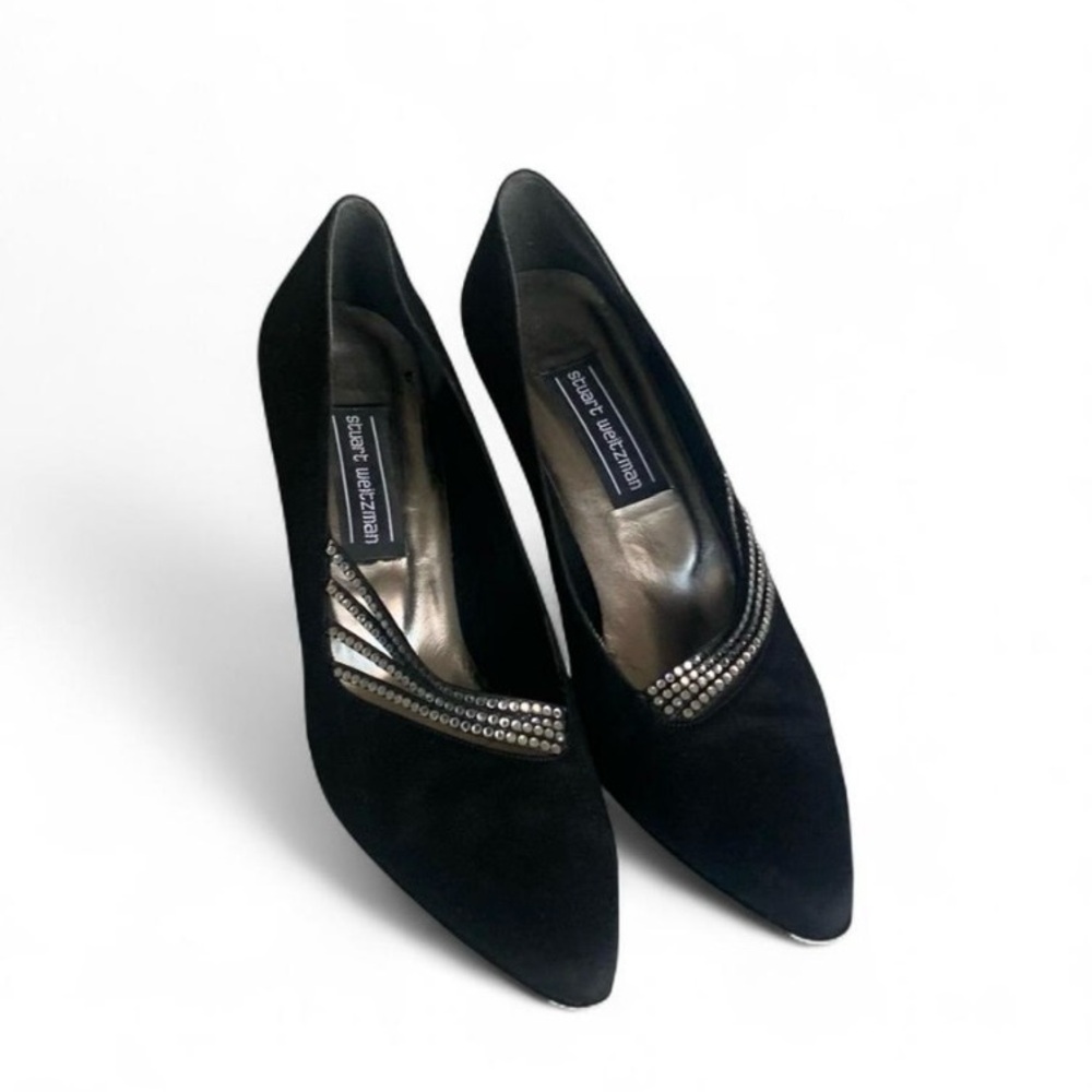 Stuart weitzman black suede pointed toe embellished formal size 9.5 shoes heel
